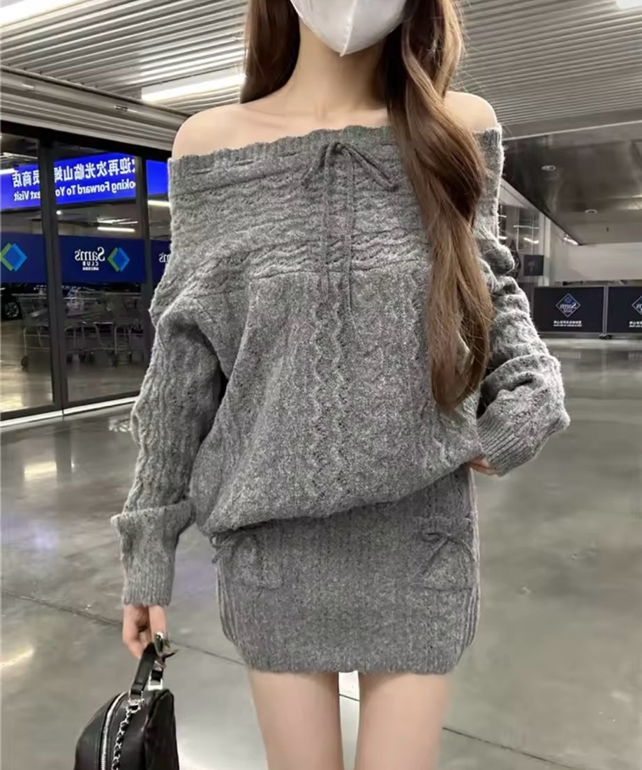 Off-Shoulder Ribbon Knit Setup / オフショルダーリボンニットセットアップ