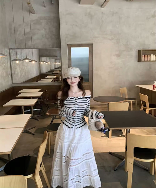 Boarder Off Shoulder Knit+White Skart / ボーダーオフショルダーニット+ホワイトスカート