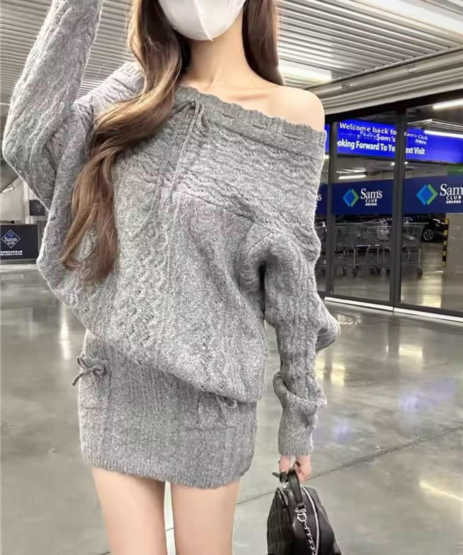 Off-Shoulder Ribbon Knit Setup / オフショルダーリボンニットセットアップ