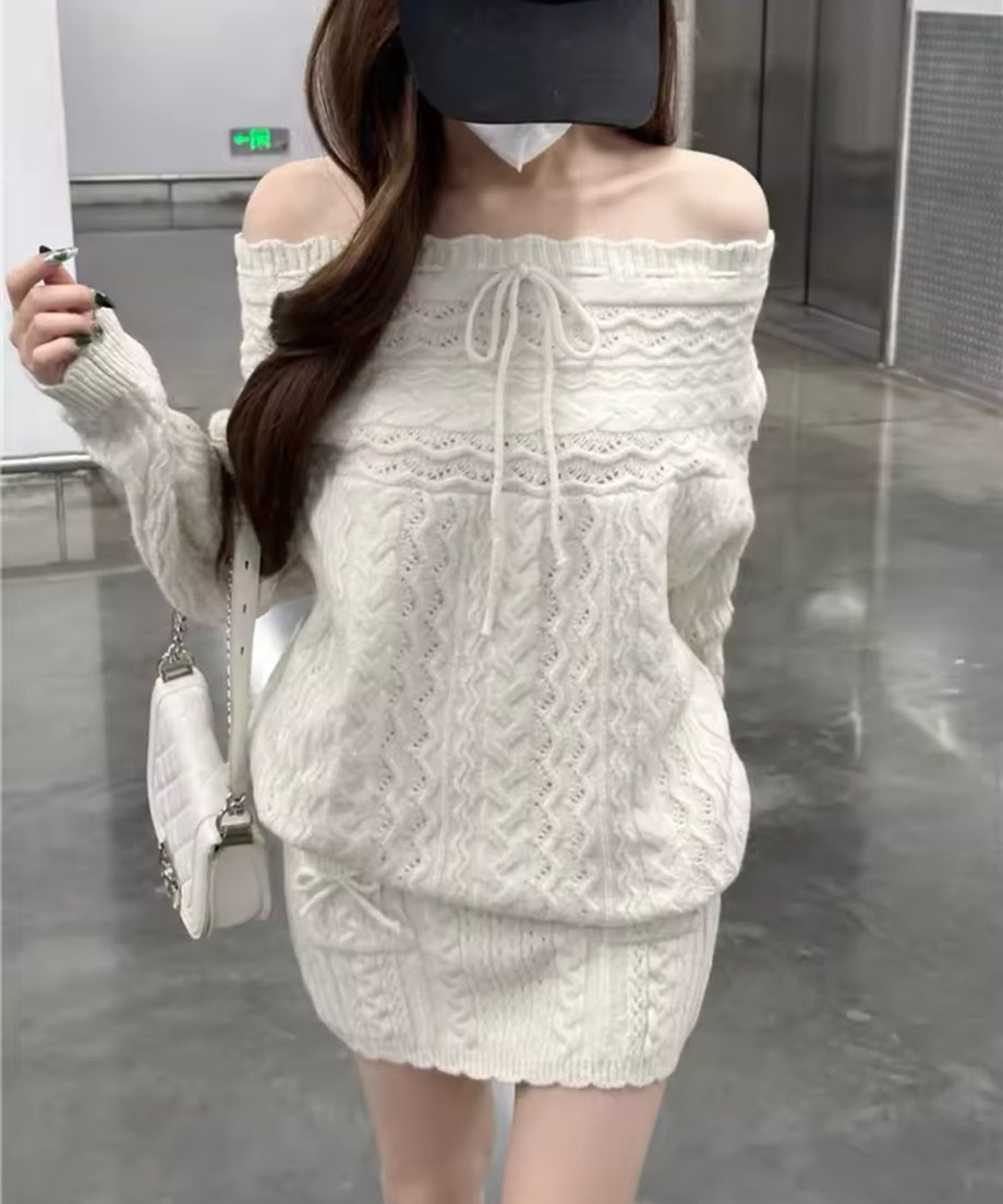 Off-Shoulder Ribbon Knit Setup / オフショルダーリボンニットセットアップ