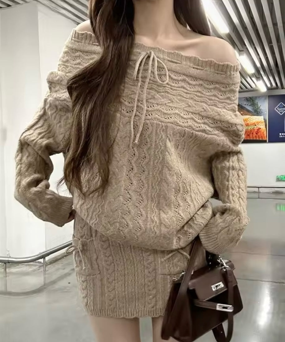 Off-Shoulder Ribbon Knit Setup / オフショルダーリボンニットセットアップ