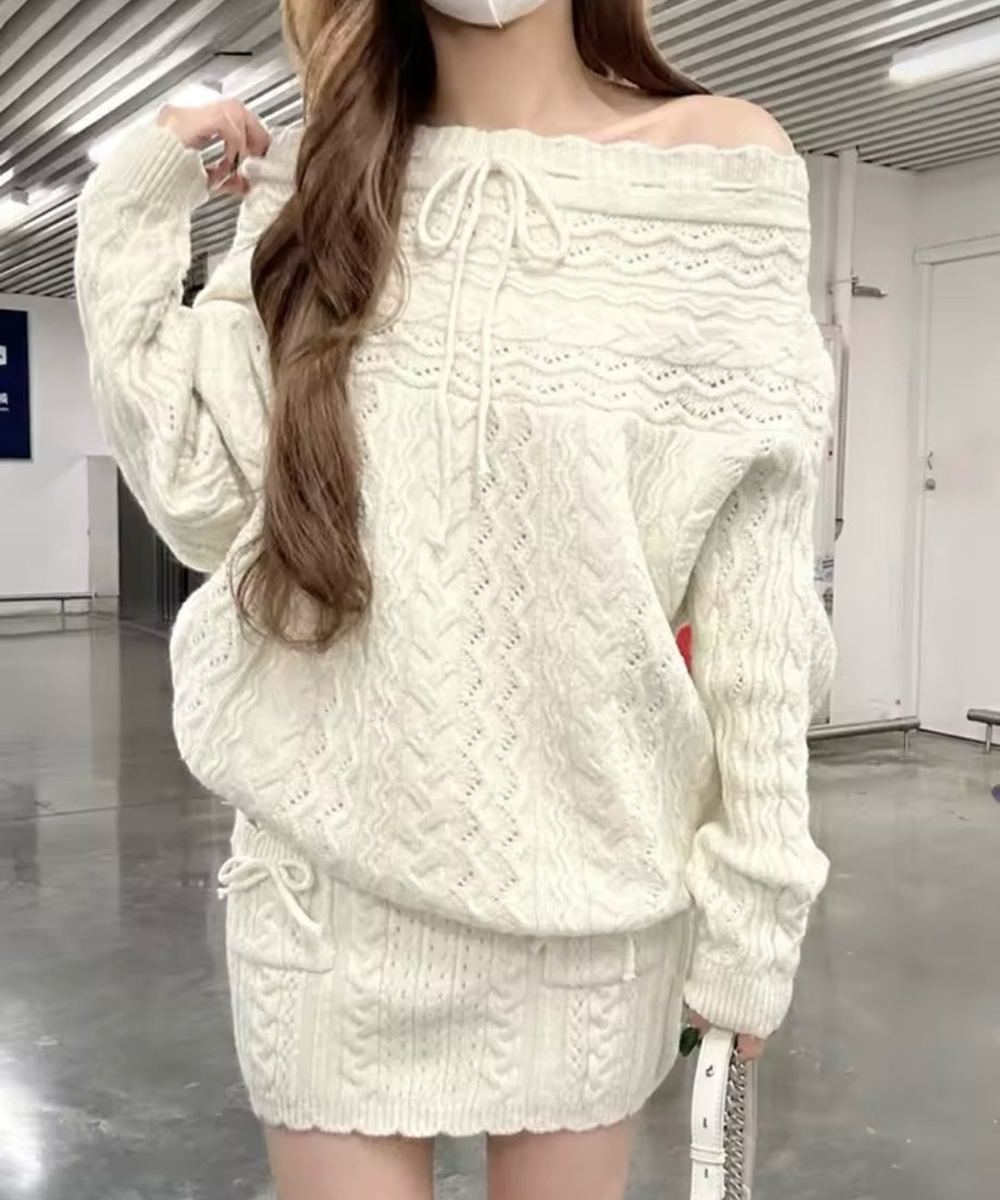 Off-Shoulder Ribbon Knit Setup / オフショルダーリボンニットセットアップ