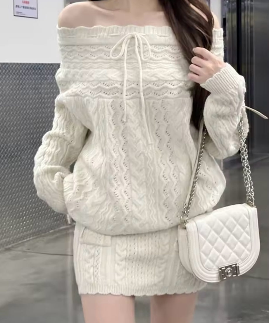 Off-Shoulder Ribbon Knit Setup / オフショルダーリボンニットセットアップ