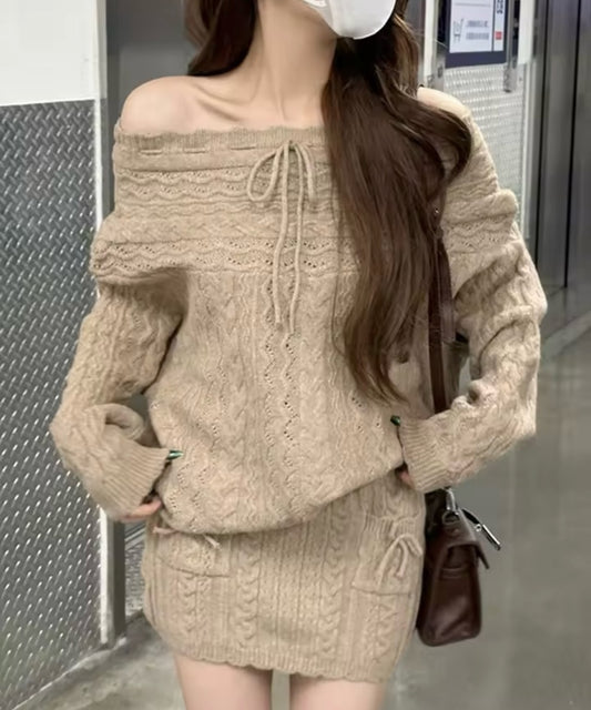 Off-Shoulder Ribbon Knit Setup / オフショルダーリボンニットセットアップ