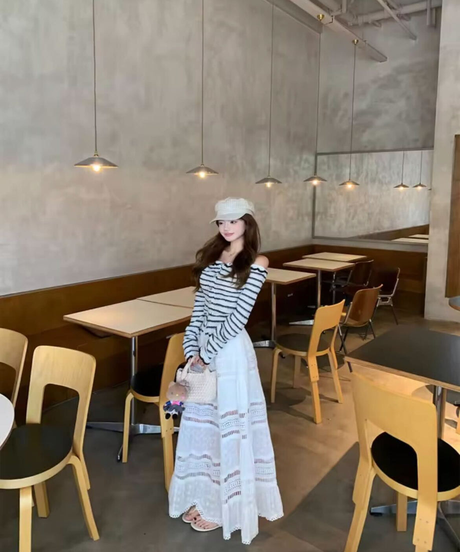 Boarder Off Shoulder Knit＋White Skart / ボーダーオフショルダーニット＋ホワイトスカート