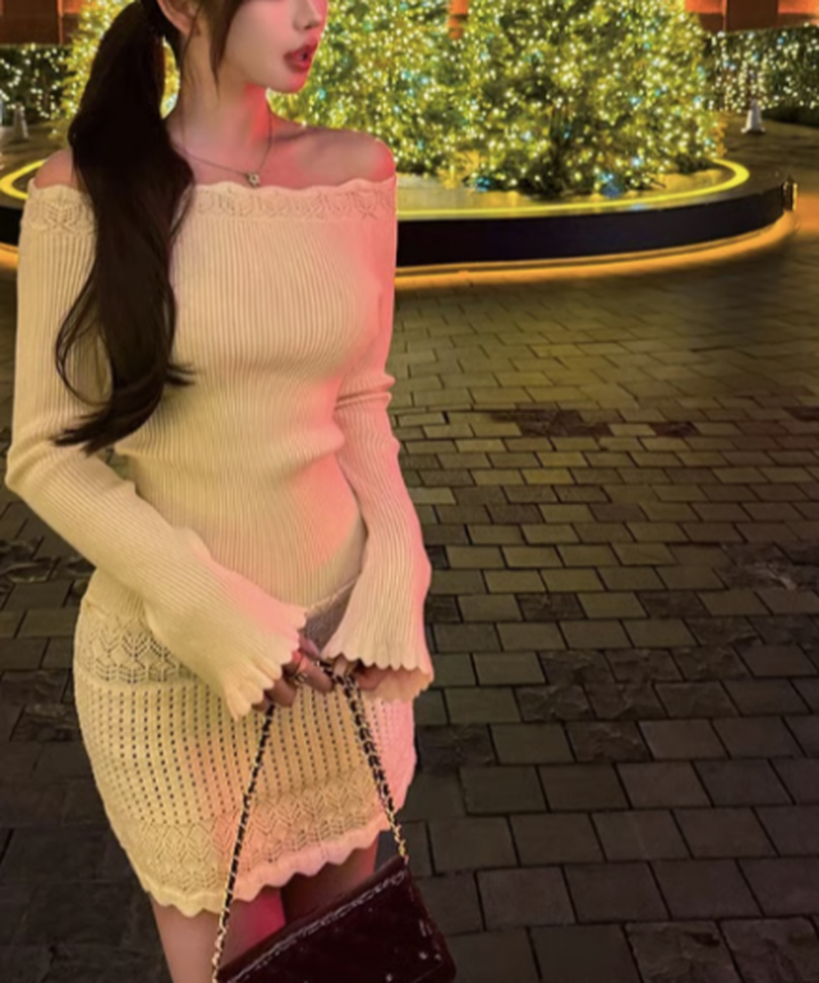Crochet Knit Off-Shoulder One-Piece / クロシェニットオフショルダーワンピース