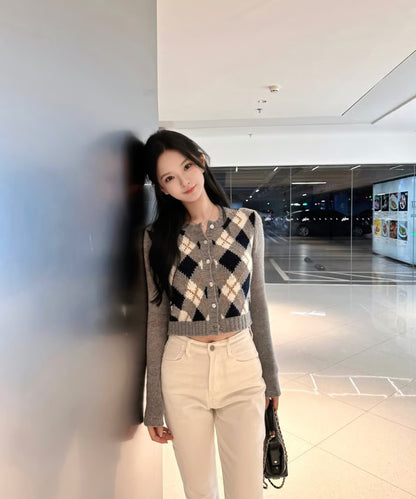 Round Neck Block Design Cardigan/ラウンドネックブロックデザインカーディガン