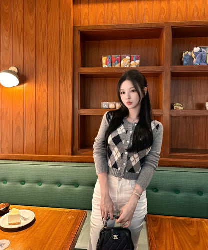 Round Neck Block Design Cardigan/ラウンドネックブロックデザインカーディガン