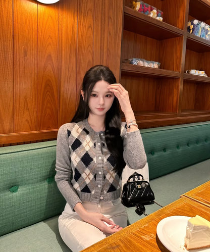 Round Neck Block Design Cardigan/ラウンドネックブロックデザインカーディガン
