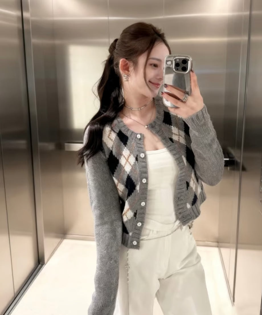 Round Neck Block Design Cardigan/ラウンドネックブロックデザインカーディガン